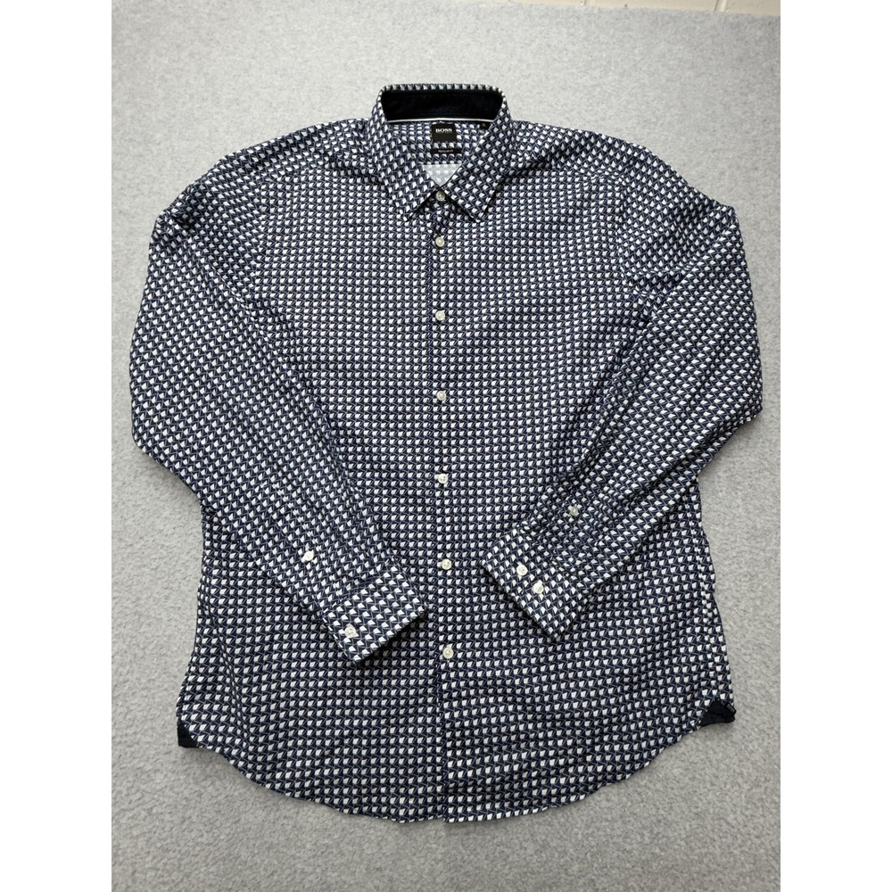 Boss Shirt Mens XL Blue Geometric Long Sleeve Button Front Cotton Casual